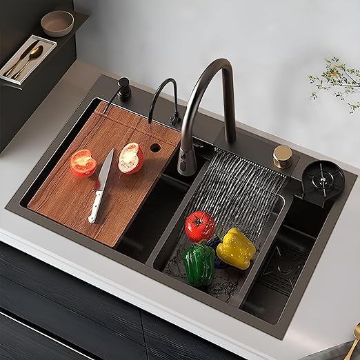 Plantex Premium 30"x18"x10" Inch Waterfall Kitchen Sink with Anti Scratch Honeycomb